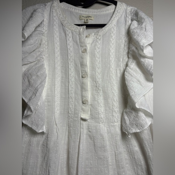 Max Studio White Ruffle Mini Dress. Cotton/Rayon Blend. Embroidery/Buttons chest - Picture 11 of 12